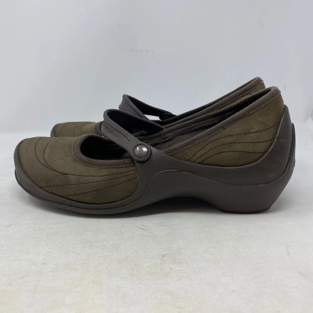 Crocs Womens Brown Nubuck Leather Mary Jane Wedge Shoes‎ Comfort 10889 Size 9
